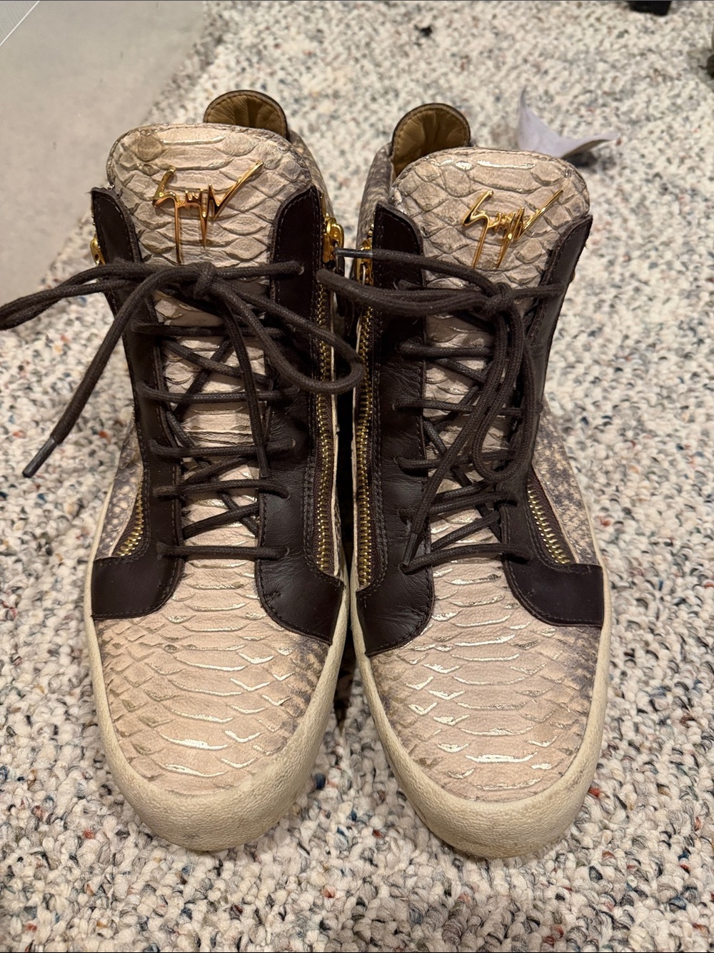 Giuseppe Zanotti Cream Snake-Embossed & Brown High-Top Sneakers with Gold Logo